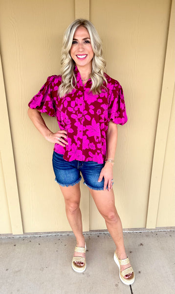 Pink Floral Puff Sleeve Blouse