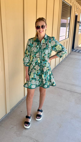 Teal Scalloped Hem Floral Dres