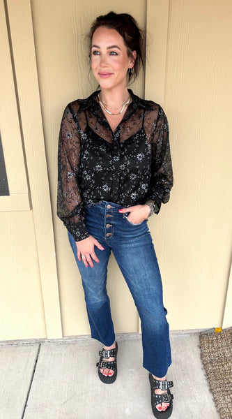 Black Sparkle Flower Sheer Blouse