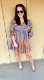 Brown/ Blue Ribbon Striped Dress